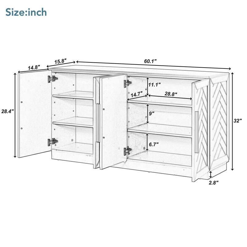 Sideboard with 4 Doors Large Storage Space Buffet Cabinet with Adjustable Shelves and Silver Handles for Kitchen, Dining Room