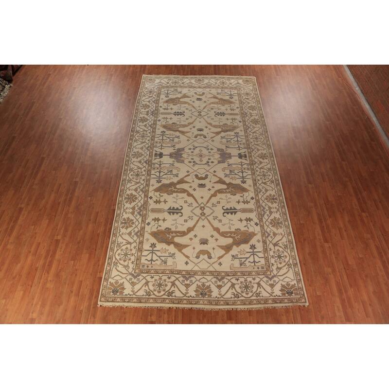 Earth Tone Oushak Indian Large Rug Hand-Knotted Wool Carpet - 7'11"x 15'8"