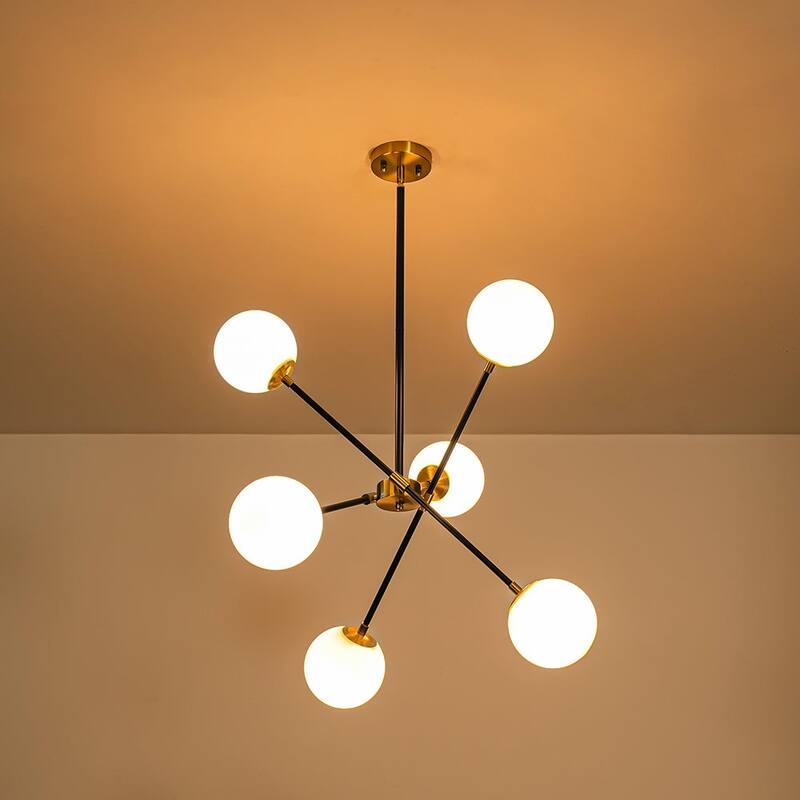 Mid-Century Adjustable Arm White Glass Globe Sputnik Chandelier