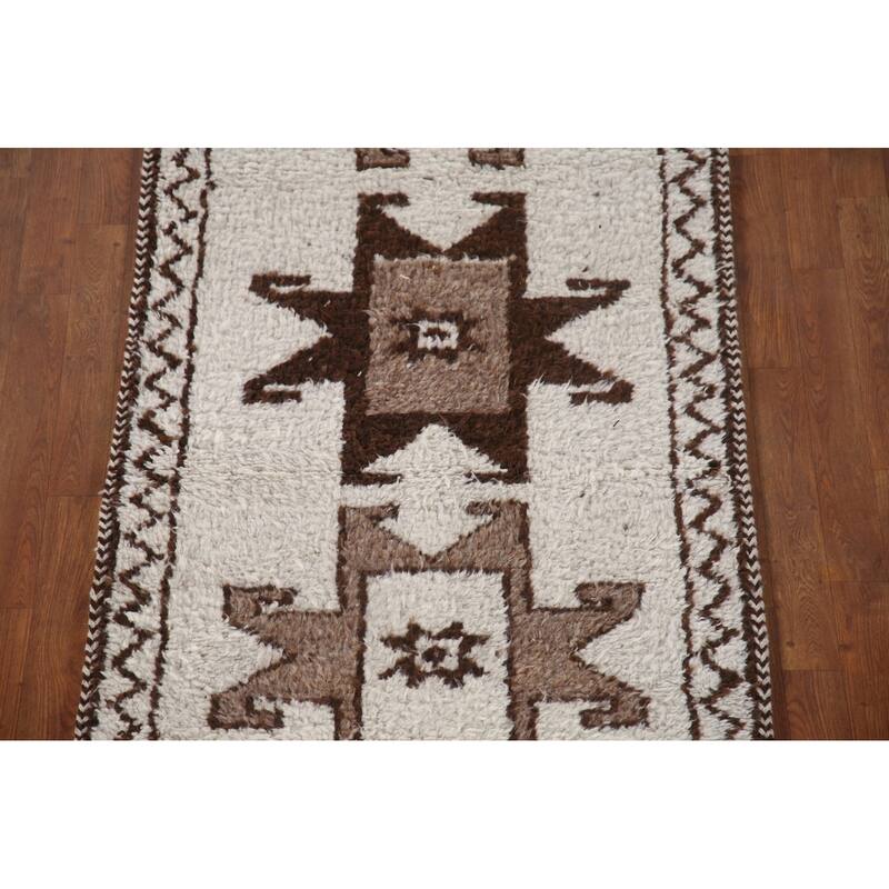 Natural Dye Beige Tribal Anatolian Runner Rug Hand-knotted Wool Carpet - 3'2"x 10'9"