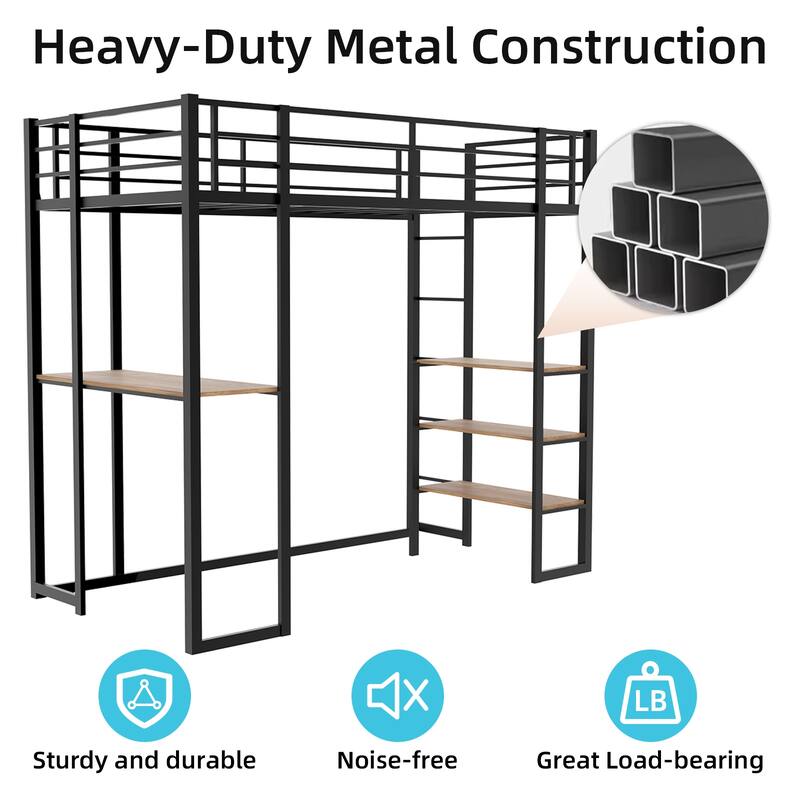 Roomfitters Metal Loft Bed with Built-in L-Shaped Desk & Storage Shelves, Safety Guardrails, Space Saver