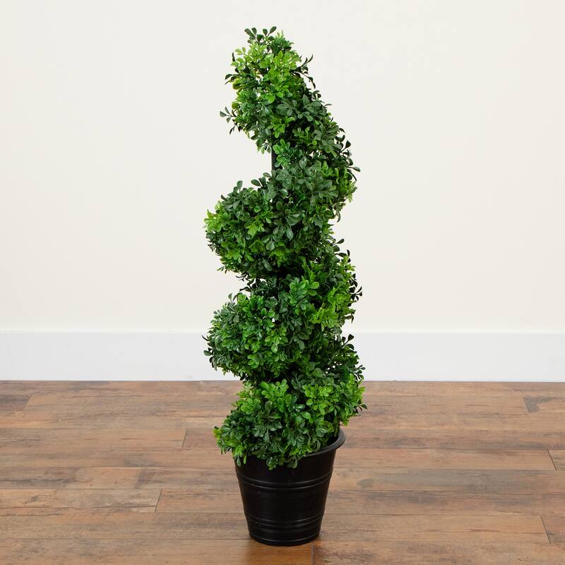 Boxwood Spiral Topiary Artificial Outdoor Potted Tree - 3' - Green