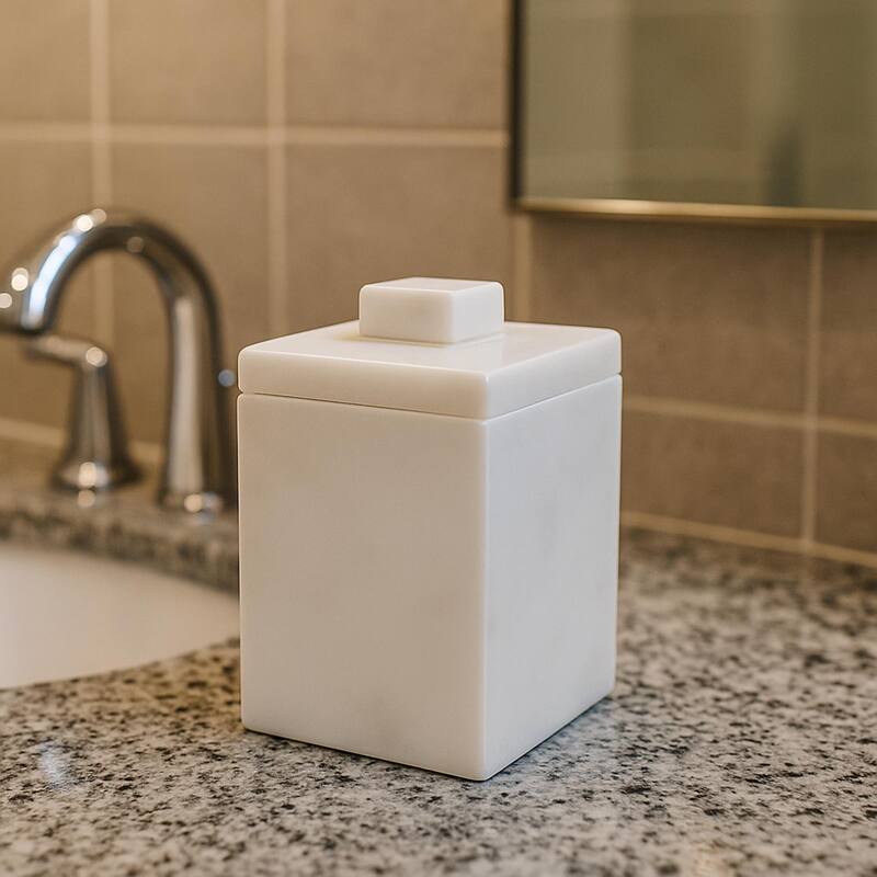 Creative Home Off-White Marble Cotton Ball Swab Holder, Bathroom Storage Jar