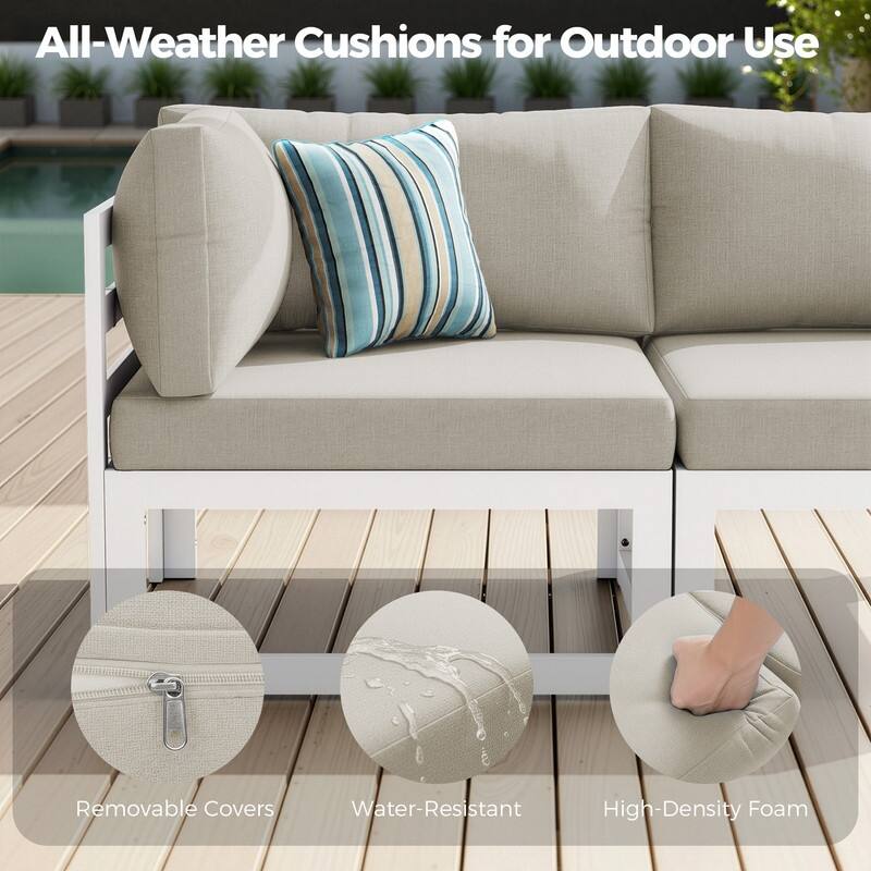 7 Piece Aluminum Patio Furniture Set with Fire Pit Propane/Gas, 29 inch Deep Wide Seat Aluminum Outdoor Sectional