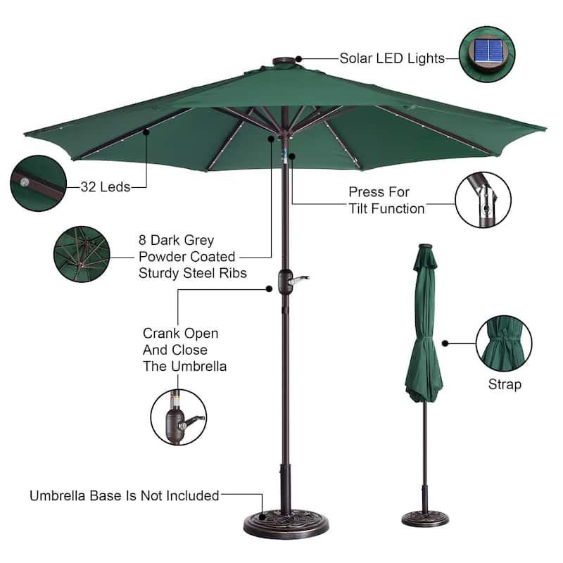 9' LED Lighted Outdoor Patio Umbrella with 8 Steel Ribs and Push ButtoTilt, Solar Powered by Villacera Forest Green