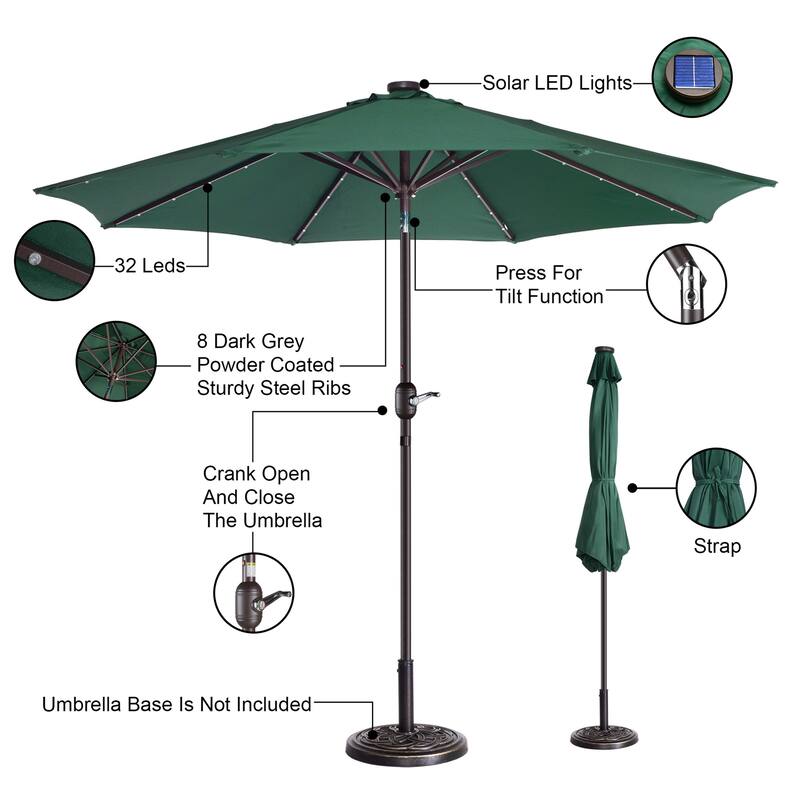 Villacera 9' Solar/LED Umbrella with 8 Steel Ribs and Tilt, Base Not Included