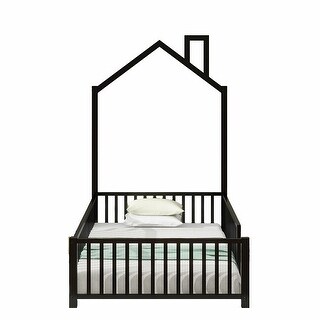 Black Metal House Platform Bed with Guardrail and Chimney