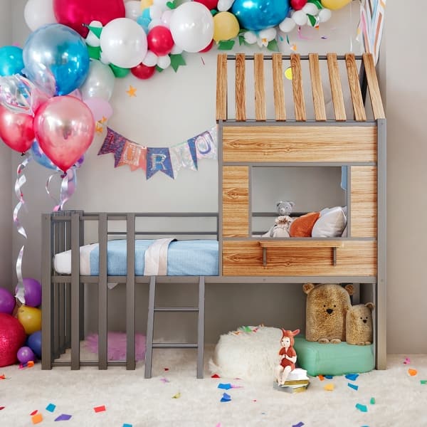slide 2 of 9, Modern Twin Size Metal Loft Bed With Roof,Window,Guardrail And Ladder for Bedroom Silver