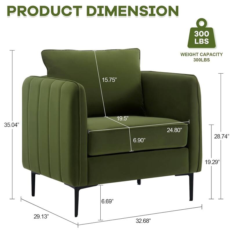 Velvet Accent Chair for Living Room, Mid Century Modern Single Sofa Chair with Pillow and Metal Legs