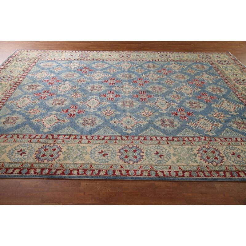 Blue Geometric Kazak Oriental Area Rug Handmade Wool Carpet - 9'2" x 12'4"
