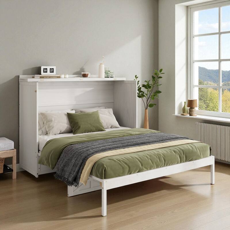 Queen Size Murphy Bed with USB Ports and Large Storage Drawers, Space-Saving Wall Bed Cabinet, Modern Brushed Finish