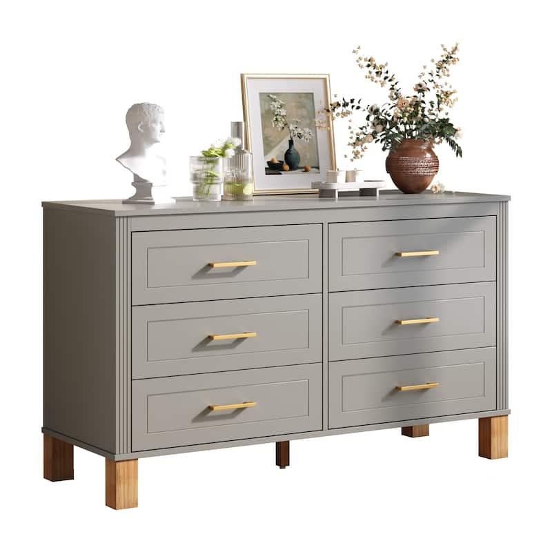 GDFStudio - Olive Haven Modern Wooden 6-Drawer Double Dresser with Solid Wood Legs
