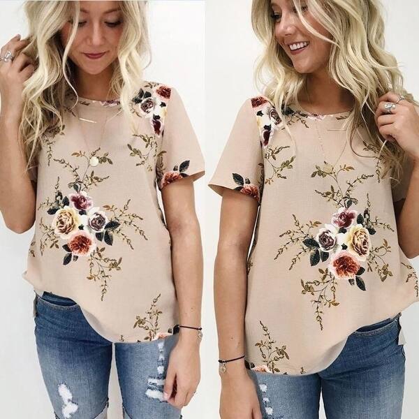 Shop Fashion Women Summer Floral Top Short Sleeve Blouse Casual