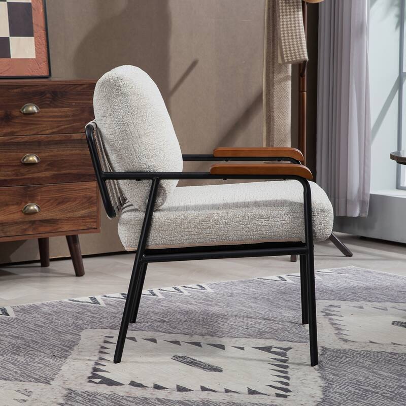 Modern Accent Chair with Natural Wood Armrests and Metal Frame, Upholstered Seat and Backrest, Comfortable Lounge Chair