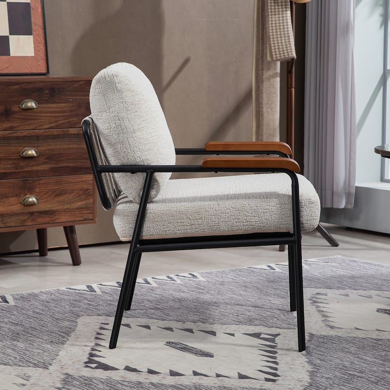 Small Upholstered Accent Chair, Ergonomic Living Room Chair, Lounge Reading Chair with Wooden Armrests & Backrest