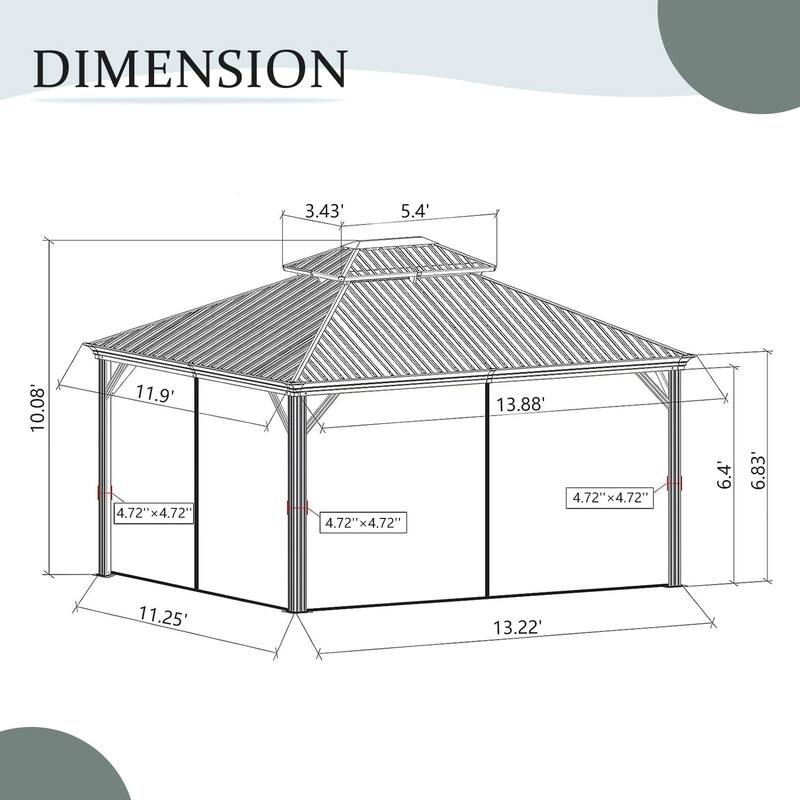 12' X 14' Permanent Aluminum Hardtop Gazebo with Galvanized Steel Roof, Drainage Gutters & Netting for Outdoor Events