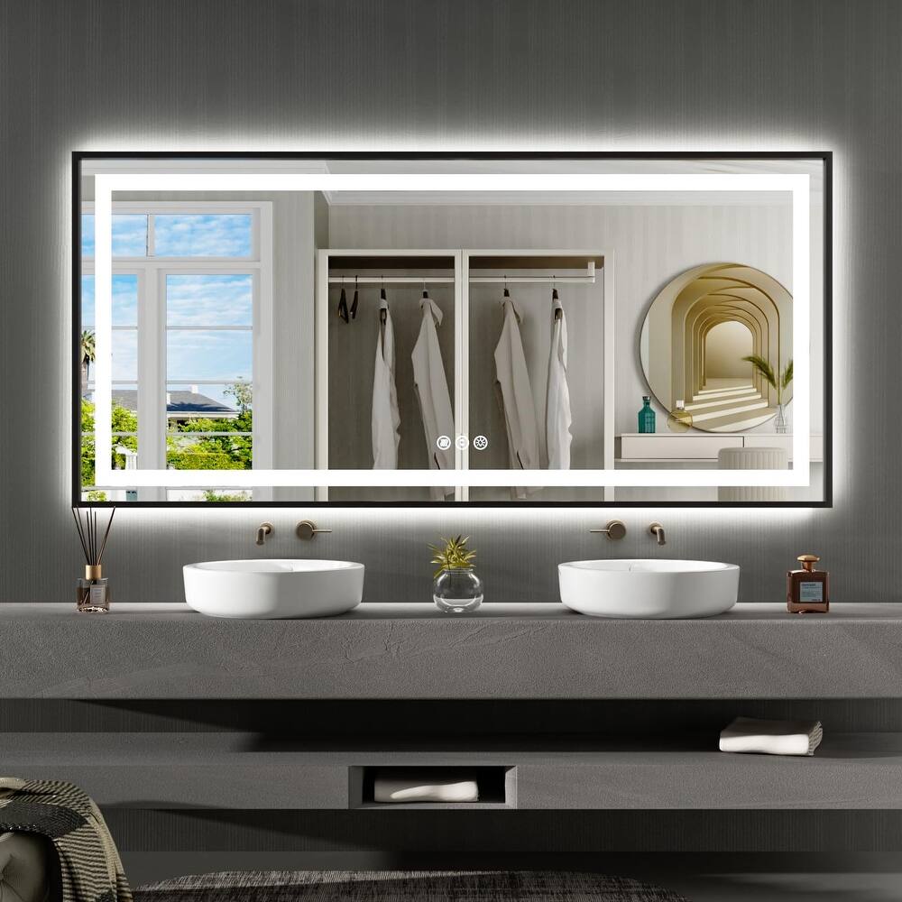 KIOTEE Black Metal Frame Front & Back LED Lighted Anti-Fog Tempered Glass Bathroom Vanity Mirror with ETL and 3 Years Warranty