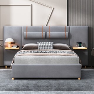 Queen Size Platform Bed with 2 Outlets and USB Charging, Upholstered Bed with 2 Bedside Pillows, and Storage Shelves, Gray