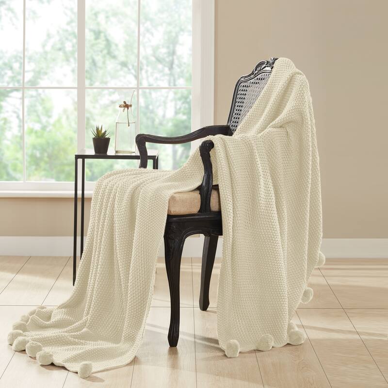 Modern Threads Knitted Bed Sofa Throw With Pom Poms