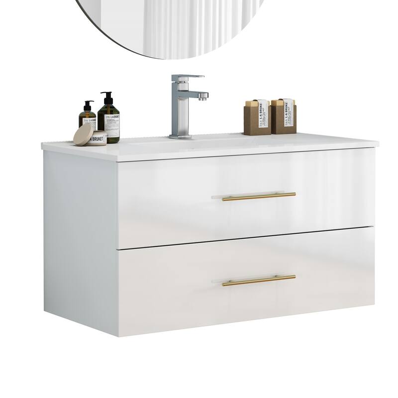 36-Inch Gloss Wall-Mounted Bathroom Vanity with Sink Combo,Double Drawers,Ceramic Sink, Long Gold Metal Handle