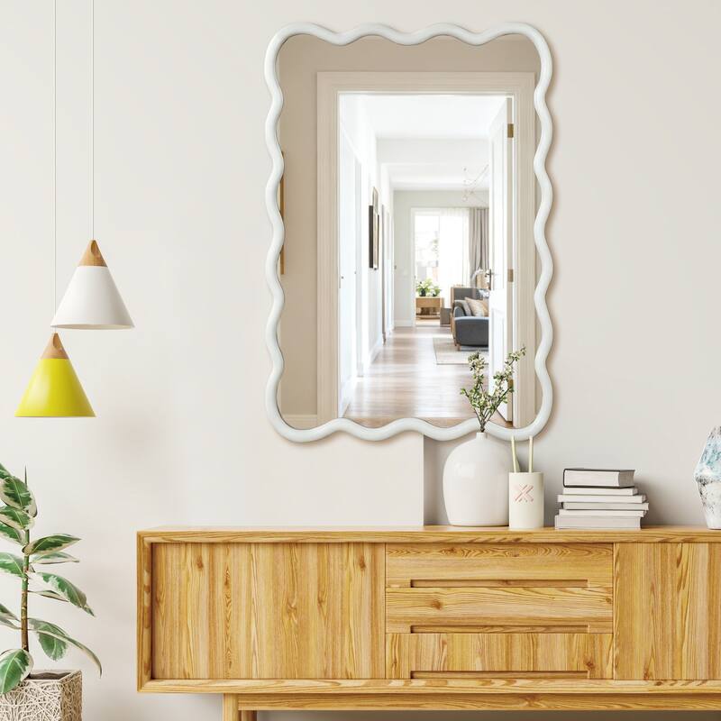White Wavy Rectangle Solid Wood Decorative Mirror - Bedroom, Bathroom, Living Room, Entryway