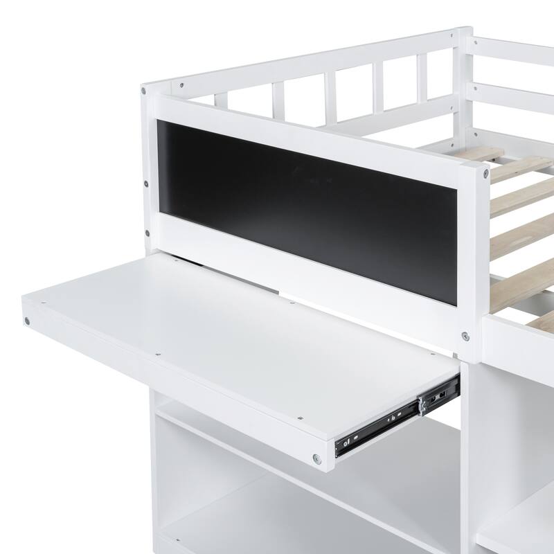 Twin Size Low Loft Bed, Multi-Functional Loft Bed w/Rolling Desk, Blackboard & Drawers, Solid Wood Loftbed Bedframe w/Guardrail