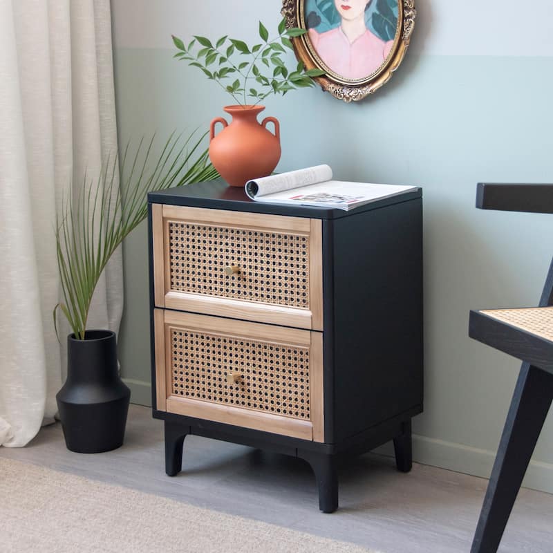 COZAYH Woven Cane Front Accent Nightstand with Brass Knobs, Accent Dresser