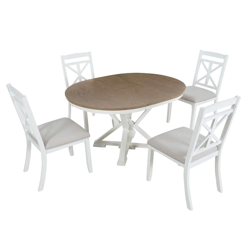 Retro 5-Piece Dining Table Set with Extendable Round Table and Upholstered Chairs for Dining Room