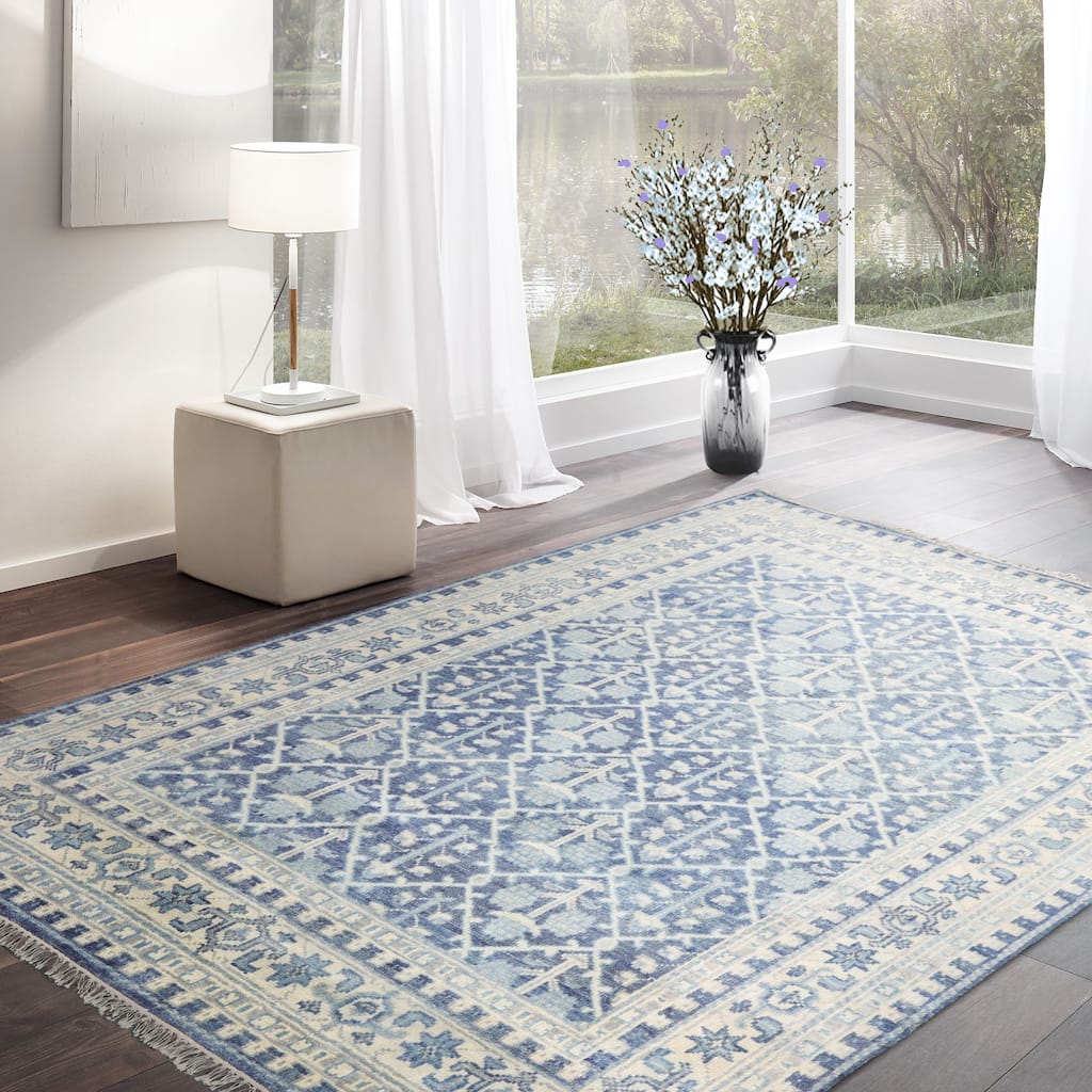 Hand Knotted Oushak Blue Oriental Wool Transitional Oriental Area Rug