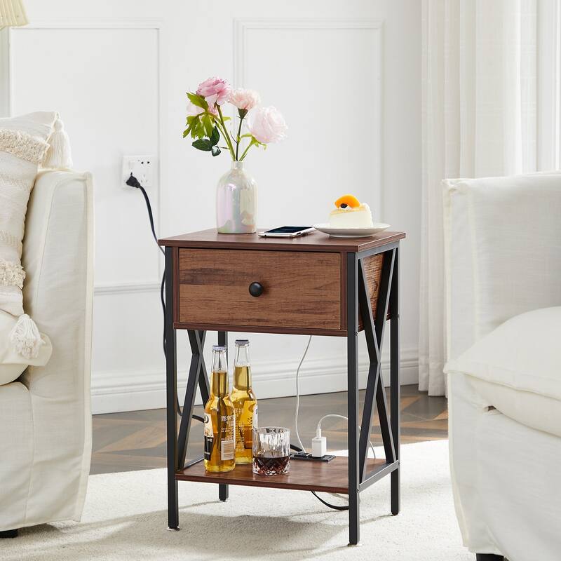 Javlergo 1-Drawer Nightstand with Charging Station and Storage Shelf