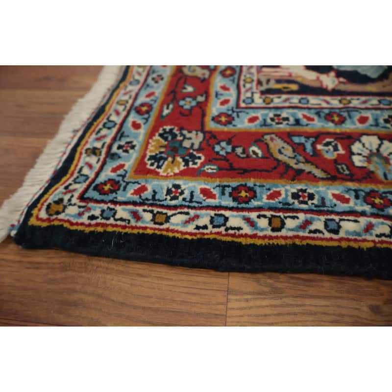 Hand Knotted Oriental 100% Wool Carpet Traditional Floral Navy Blue & Blues Kashan Area Rug - 4' 11'' X 3' 6''