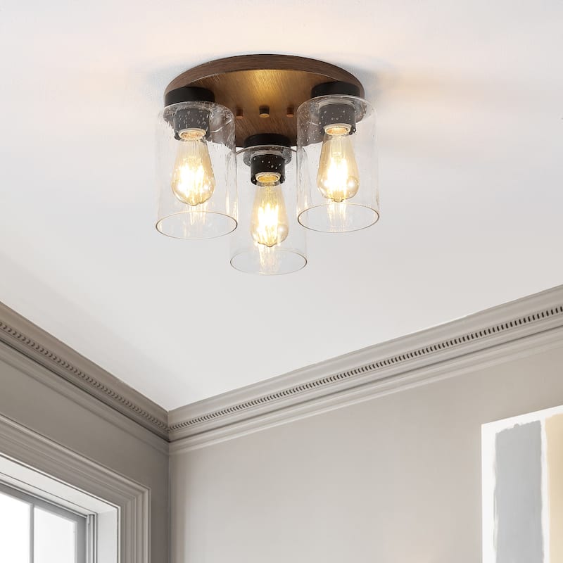 Marla 13" 3-Light Bohemian Farmhouse Iron/Seeded Glass LED Semi Flush Mount, Wood Finish/Clear by JONATHAN Y