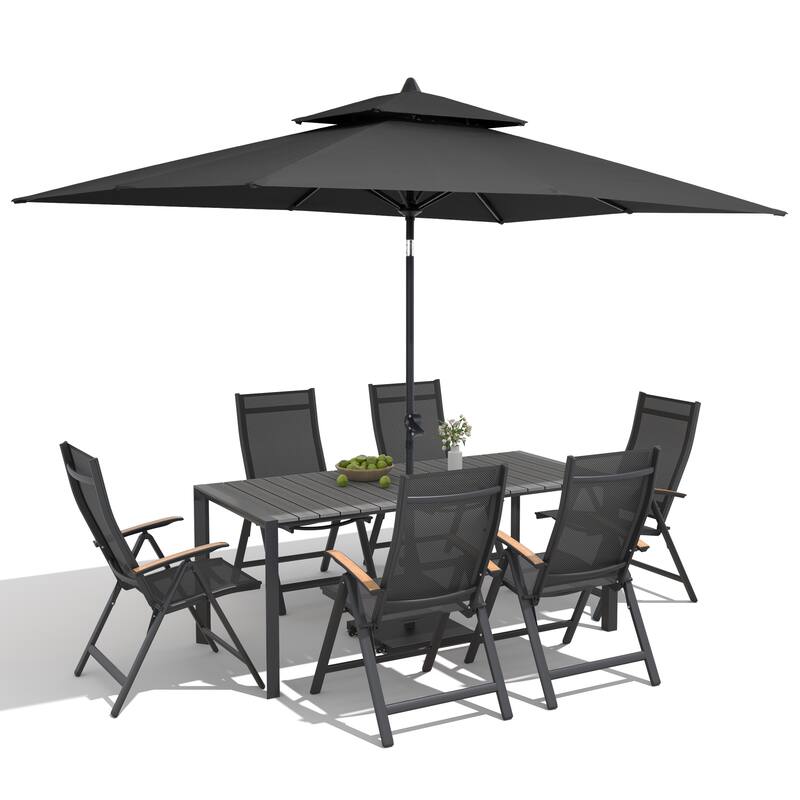 9/11-Piece Outdoor Patio Dining Set Aluminum Dining Table and Chairs w/10 ft Market Umbrella and Base with Wheels