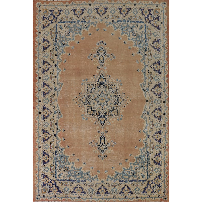 Orange Kerman Vintage Persian Area Rug Hand-Knotted Wool Carpet - 7'0" x 9'10"
