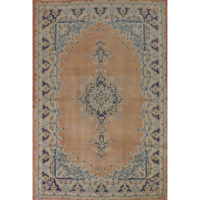 Orange Kerman Vintage Persian Area Rug Hand-Knotted Wool Carpet - 7'0" x 9'10"