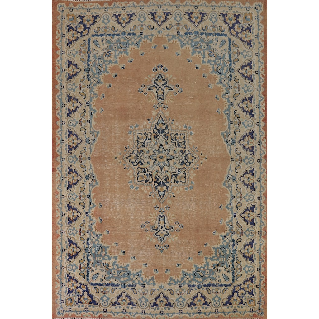 Orange Kerman Vintage Persian Area Rug Hand-Knotted Wool Carpet - 7'0" x 9'10"