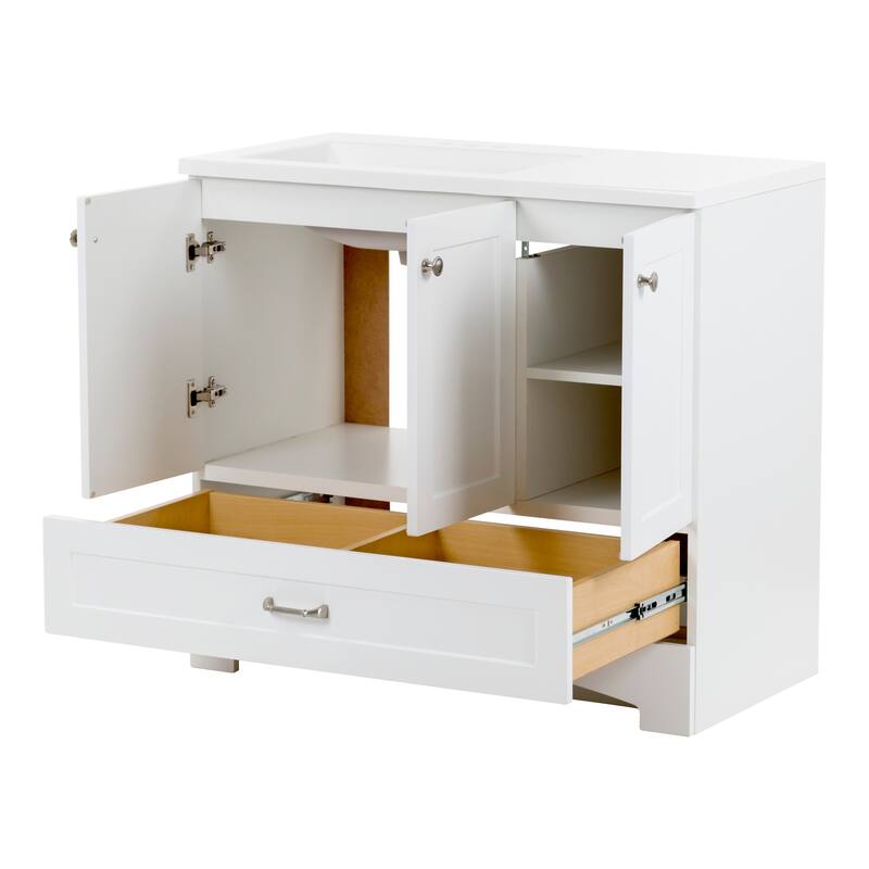 Spring Mill Cabinets Emlyn 36.5" Bathroom Vanity With Shelves, Drawer, and White Sink Top