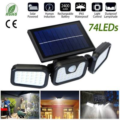 Solar Wall Lamp 74 LEDs 3 Adjustable Head Motion Sensor Flood Light IP65 Waterproof Security Light Outdoor