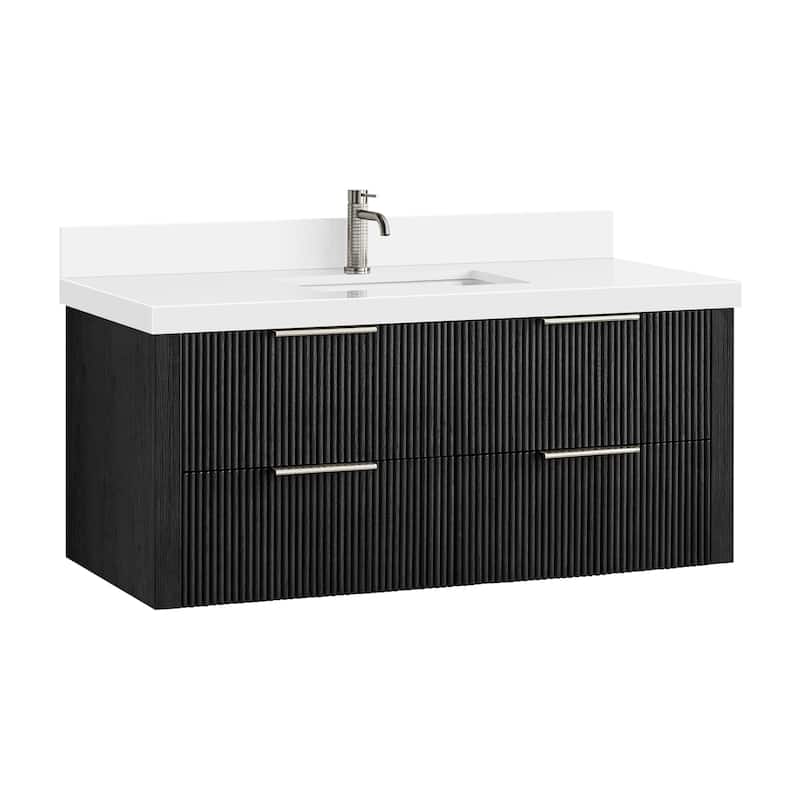 Barcelona Floating Bath Vanity with Quartz Stone Top without Mirror - 48" - Oak Weathered Black