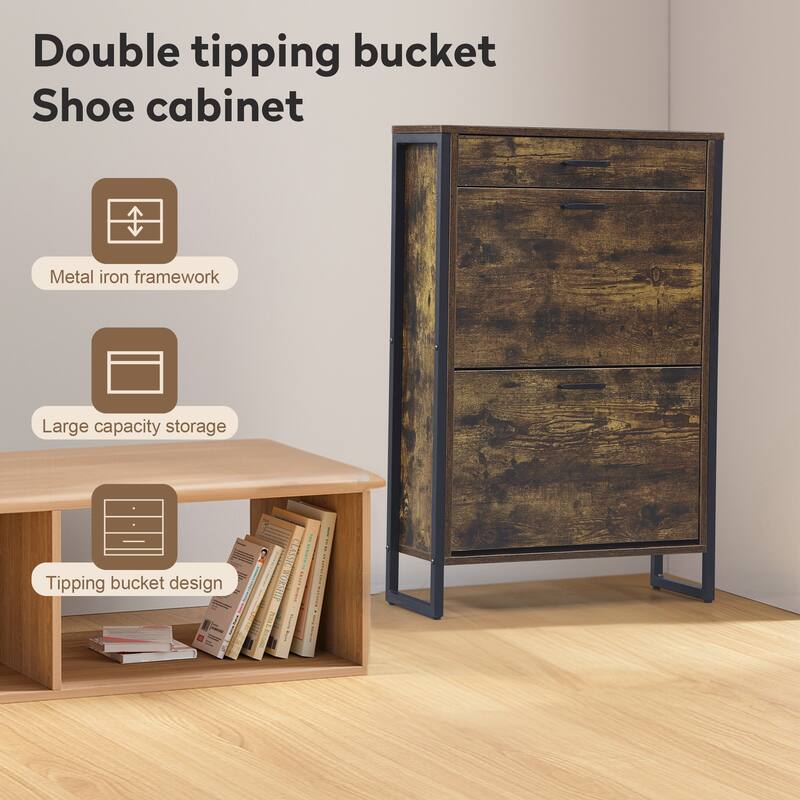 Space-Saving Shoe Cabinet with 2 Flip Drawers and 1 Top Drawer, Ideal for Narrow Spaces and Small Entryways Hallways Storage