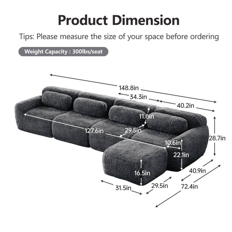 148.8" L-shaped Soft And Fluffy Plush Fabric Sectional Sofa with Bottom Anti-Slip Design and Ottoman