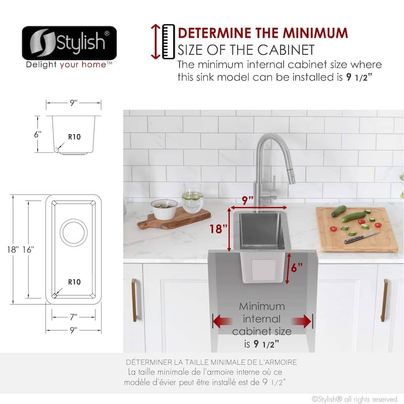 STYLISH 9 inches L x 18 inches W Dualmount Single Bowl 18 Gauge Bar Sink with Grid and Strainer