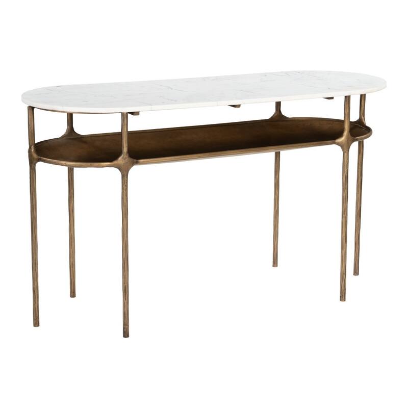 HomeRoots 50" White and Brass Genuine Marble and Iron Oval Six Leg Console Table With Shelf - 50.00 in. x 28.30 in. x 19.00 in.
