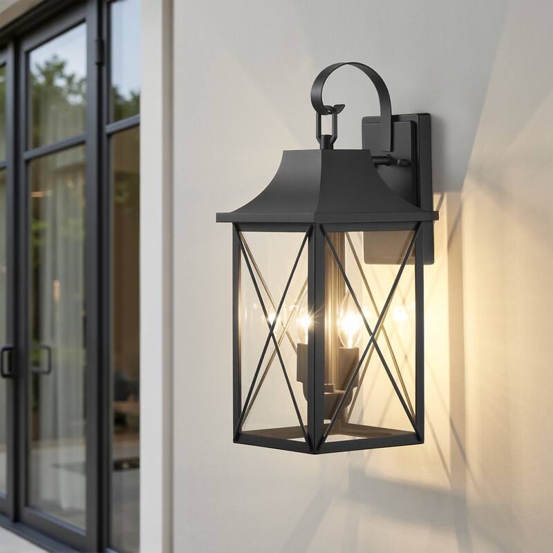 KAWOTI 2-Light Black Lantern Outdoor Sconce with Clear Glass Shade - W8.125" * H19.5" * E9"