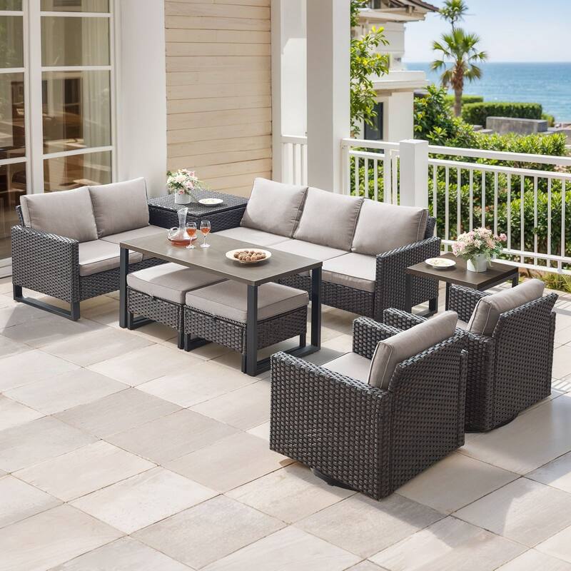 Gymojoy 7-9 Person All-Weather Wicker Outdoor Conversation Set Seating Group With Swivel Chairs And Coffee Table