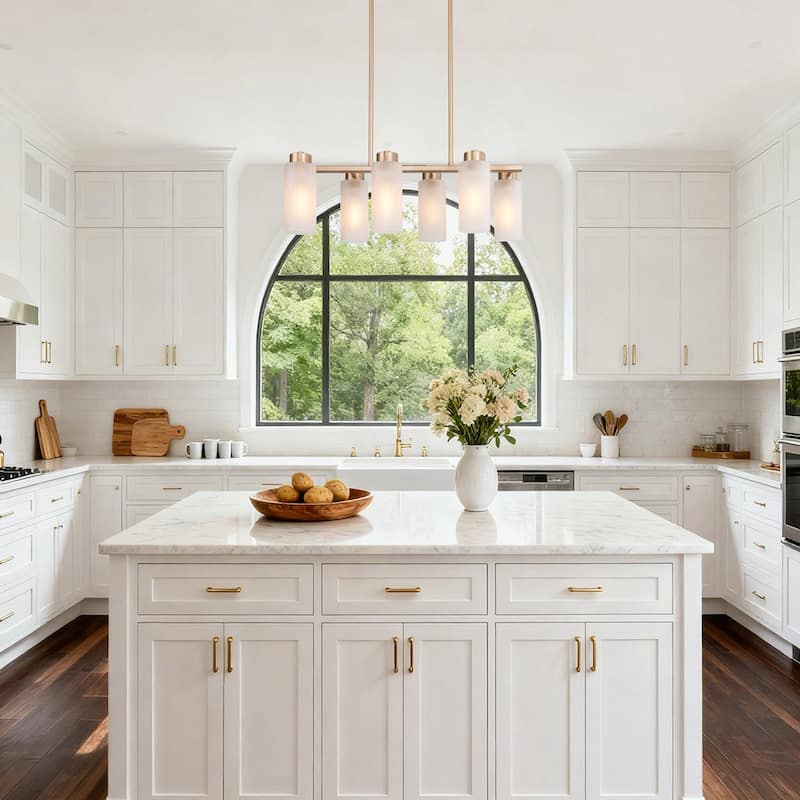 Mid-century Modern 6-Light Gold Linear Chandelier Glass Island Lights for Dining Room - L24.4" x W13" x H74''