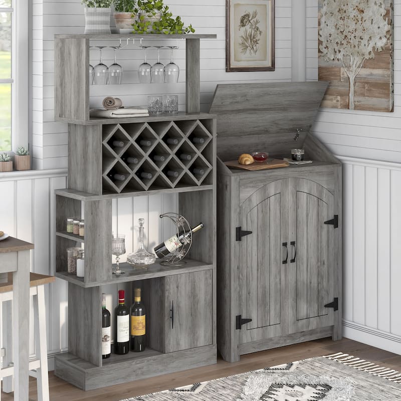 Darci Farmhouse Vintage Grey Oak Multi-Storage 2-Piece Wine Bar Set by Furniture of America - Vintage Grey Oak