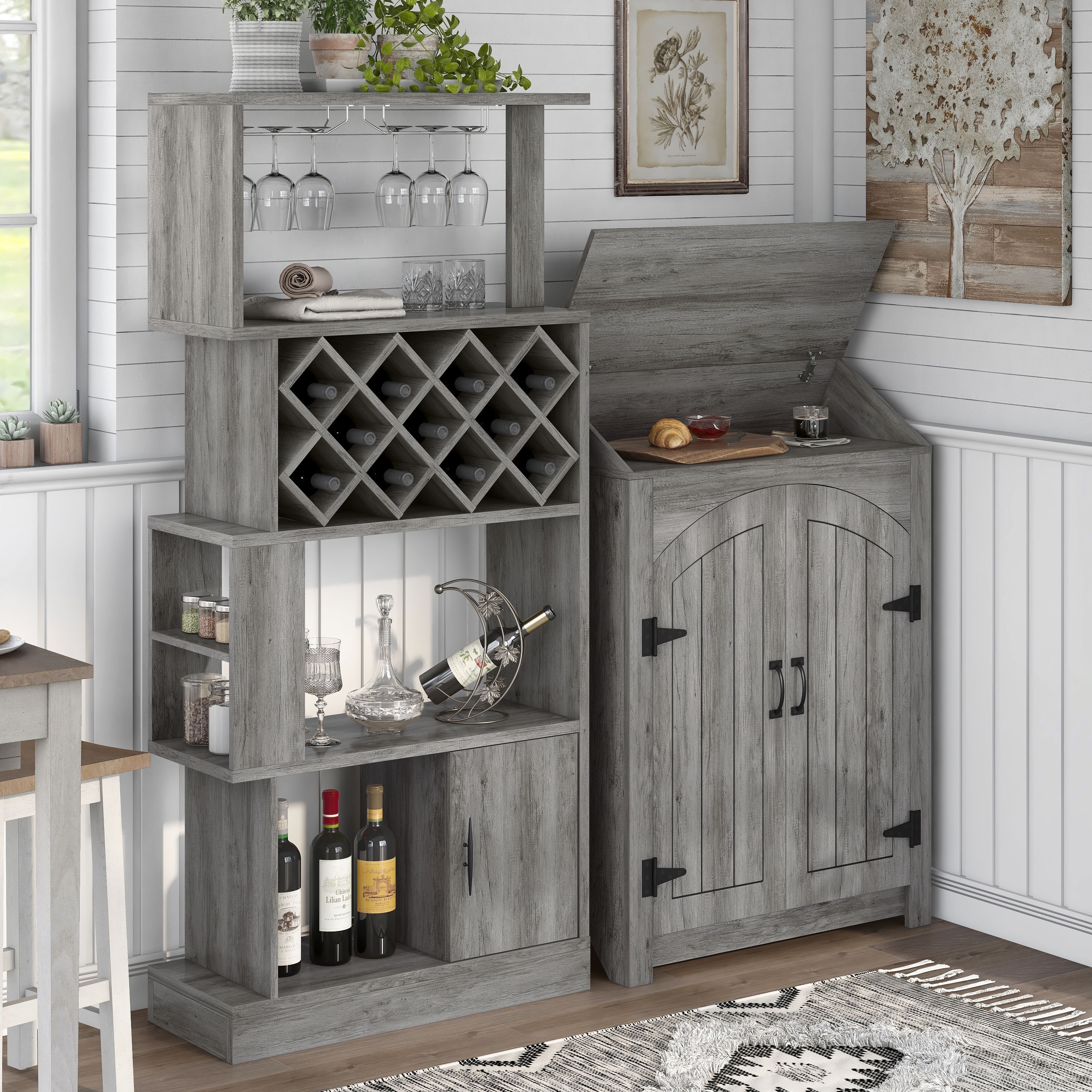 Furniture of America Darci Farmhouse Vintage Grey Oak Multi-Storage 2-Piece Wine Bar Set