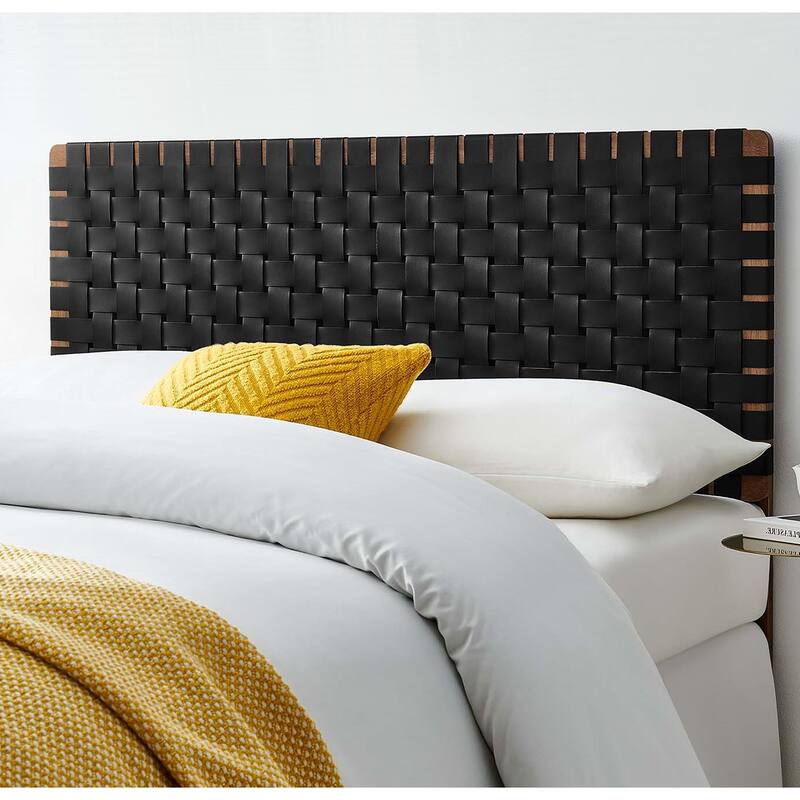 Ditmas Solid Wooden Black Leather Basket Weaved Full Size Headboard