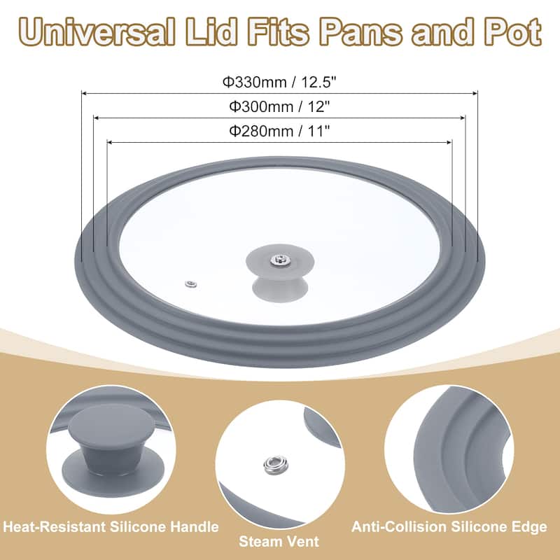 1 Pcs Universal Lid for Pot Pans Cookware - Gray - Fit 11, 12, 12.5 Inch